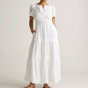 Quince White Short-Sleeve Shirred Waist Dress